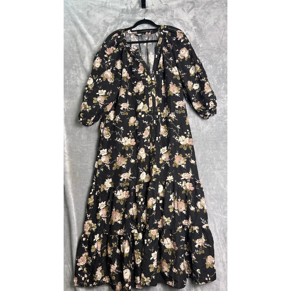 Tuckernuck Black Floral Tiered Maxi Dress XL Puff Sleeve Pockets Boho Romantic - Picture 8 of 9